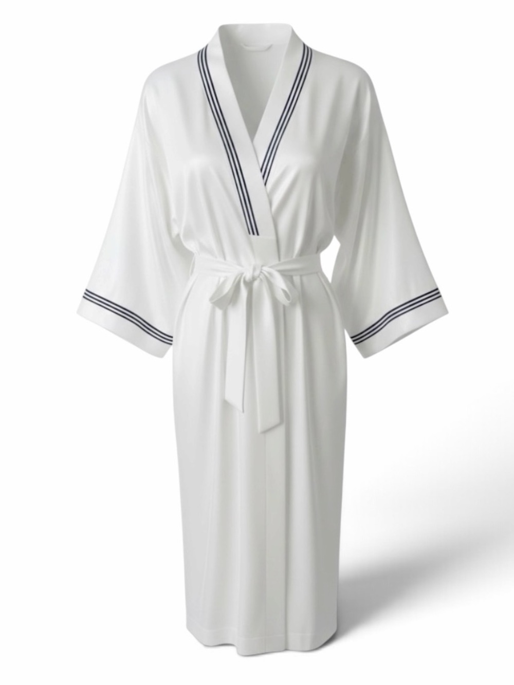 Natori Vintage White w/Navy Trim 3/4 Kimono Sleeve Satin Long Robe Size Medium